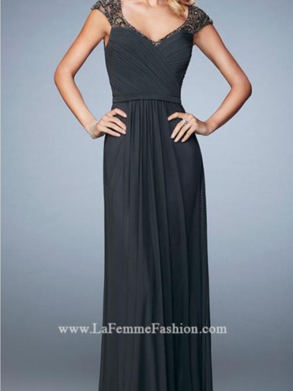 La Femme Black Beaded Cap-Sleeve Chiffon Maxi Gown
